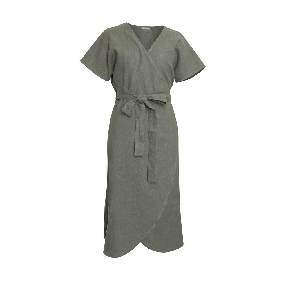 Minimalist Sage Green 100% Linen Wrap Dress Fits Sizes 0-6 Giannetti Made in USA